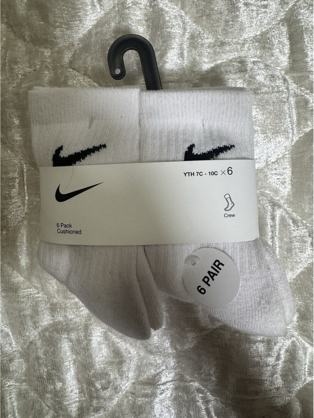 Nike Boys Crew Socks Cushioned White/Black Logo 6 Pairs YTH 7C-10C